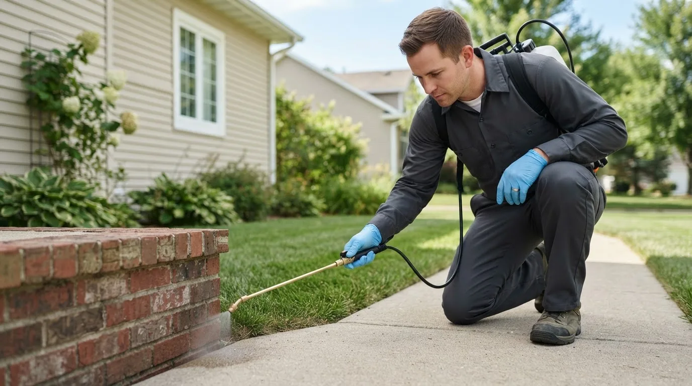 Pest control technician treating a home near Haydenville, OH