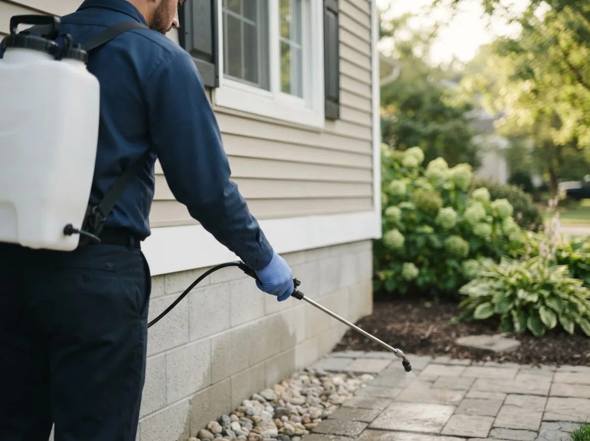 Pest control technician inspecting a home in Haydenville, OH